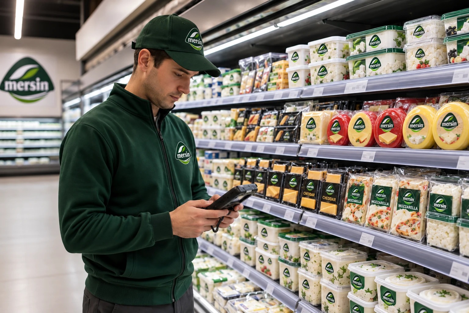 Team member in the refrigerated dairy aisle